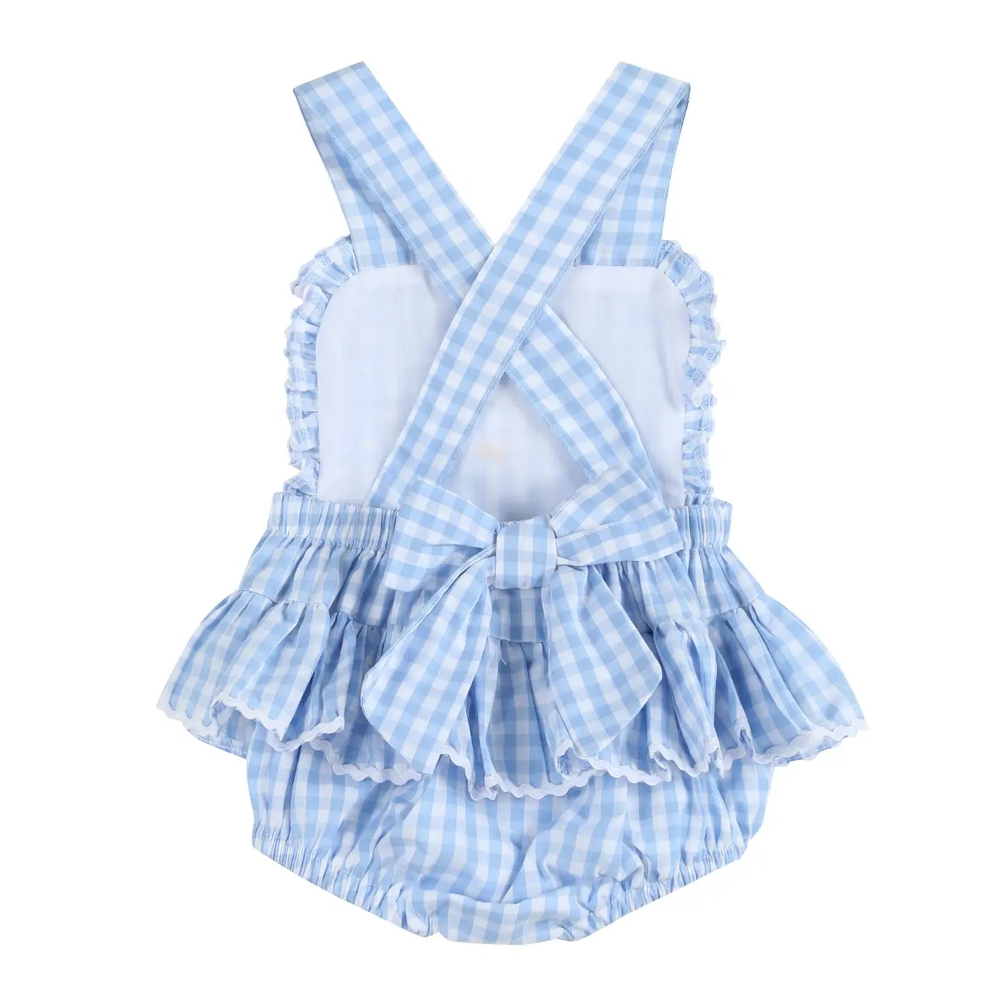 Blue Gingham Goose Lace Bow Ruffle Romper