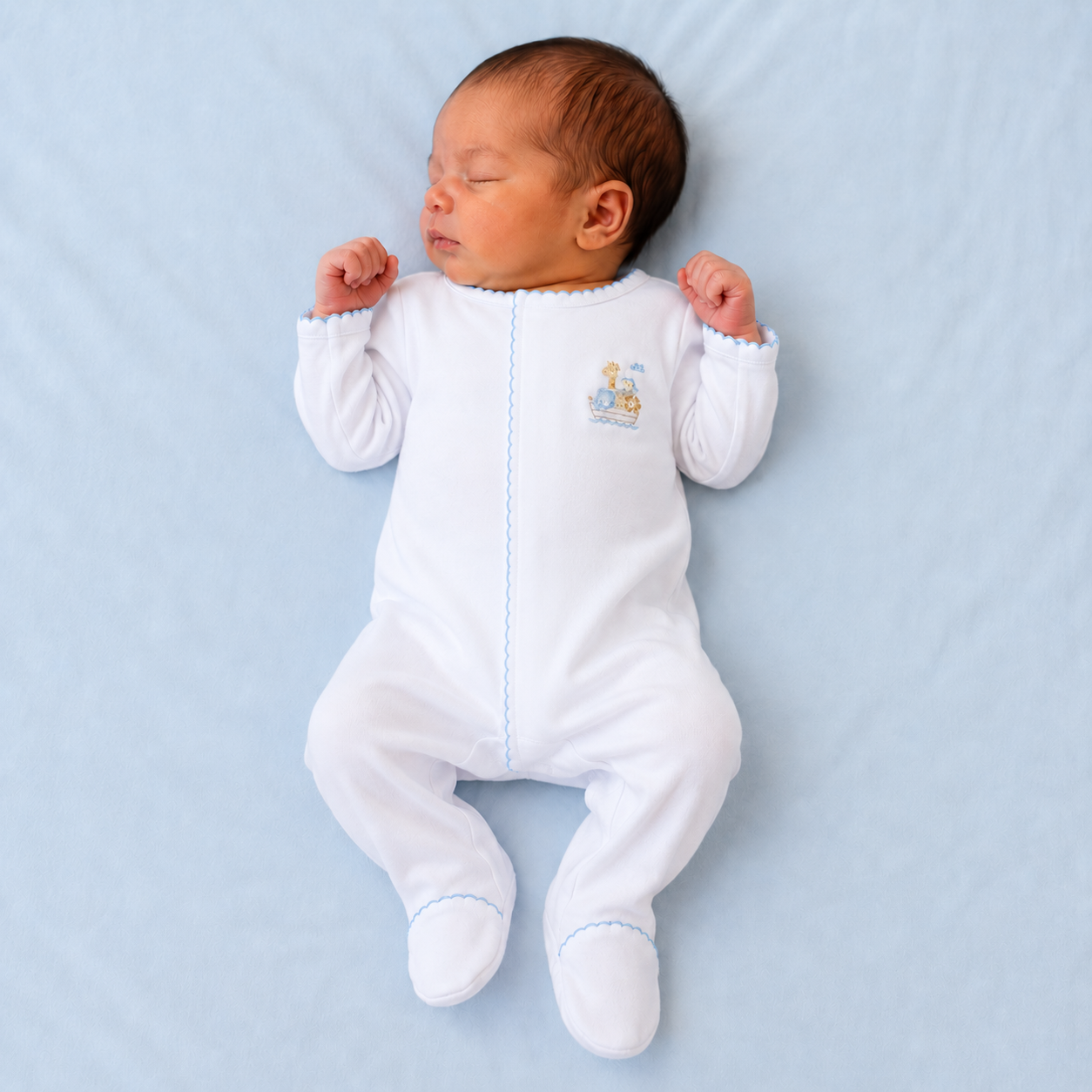 Noah's Ark Hand-Embroidered  Footie - Light Blue