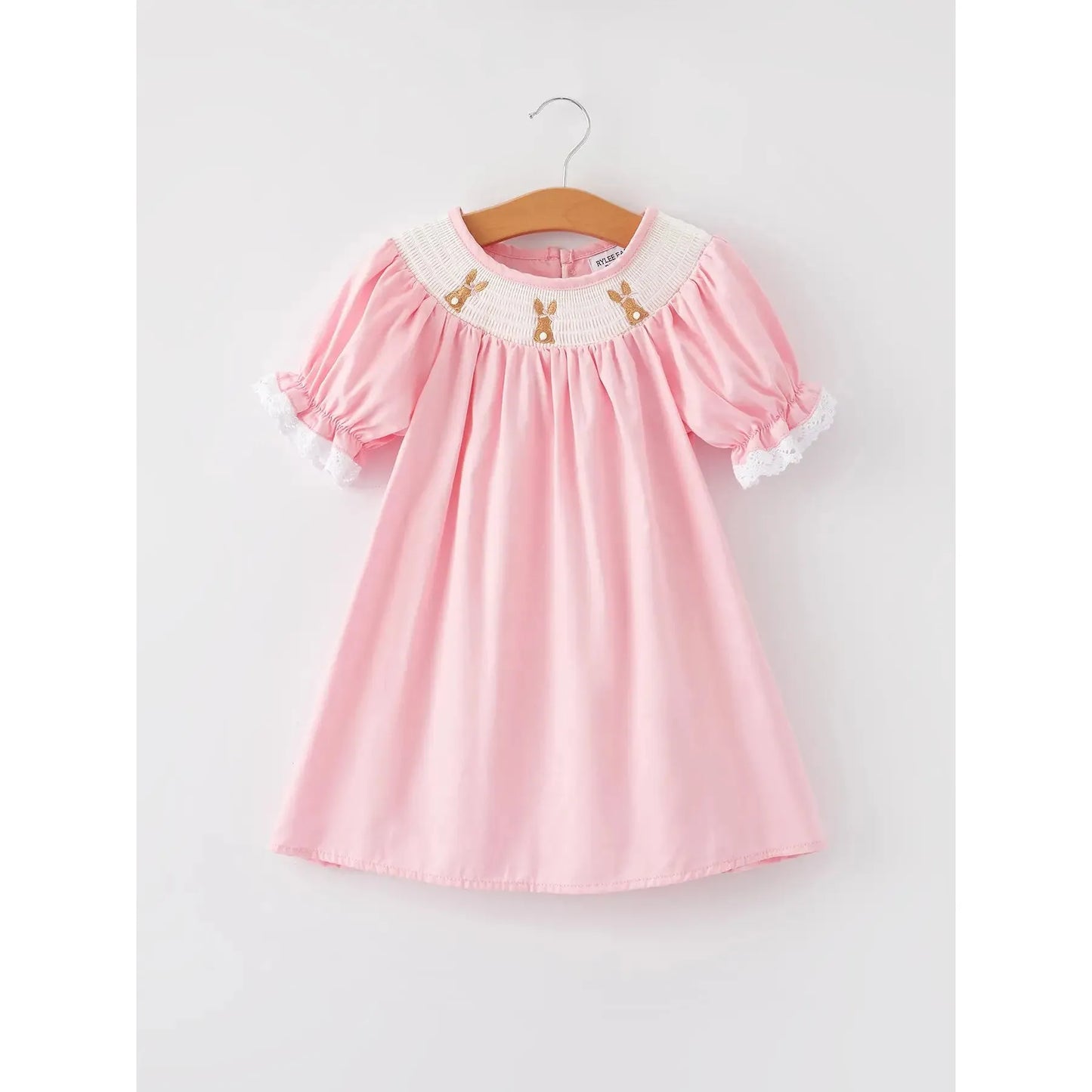 Easter Bunny Smocking Embroidered Lace Cuff Pink Dress