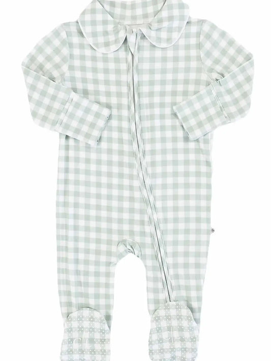 Peter Pan Collar Zipper Footie Moss Green Gingham