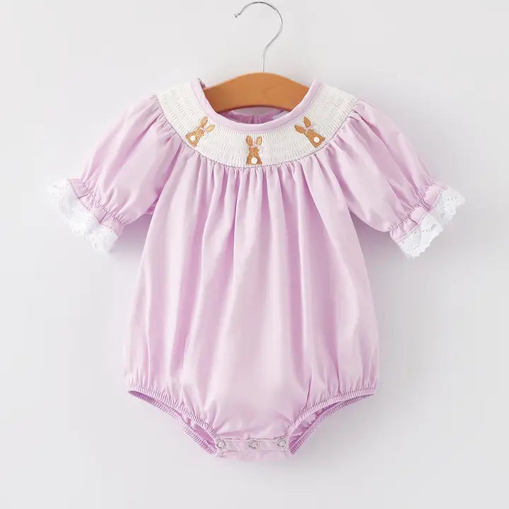 Girls Bunny Smocking Embroidered Lace Cuff Purple Romper