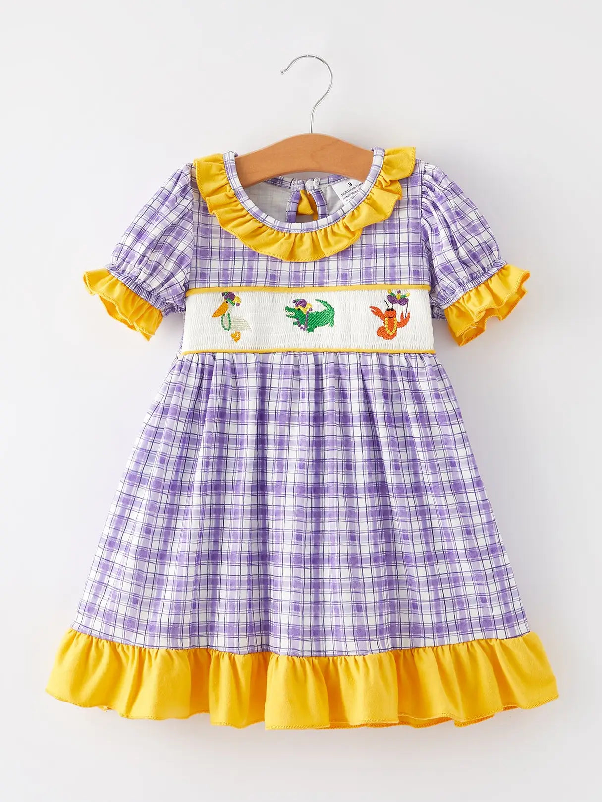 Mardi Gras Purple Plaid Animal Smock Embroidery Girls Dress