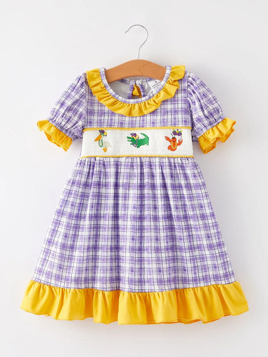 Mardi Gras Purple Plaid Animal Smock Embroidery Girls Dress