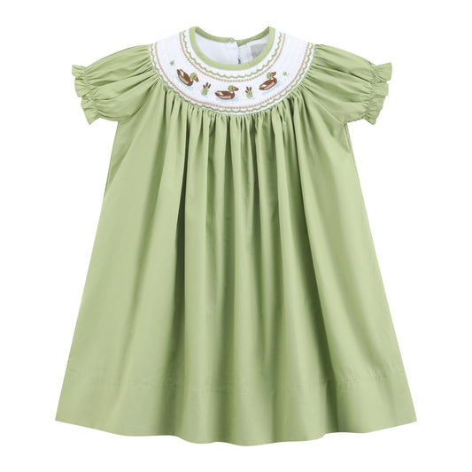 Pistachio Green Mallard Duck Smocked Bishop Dress