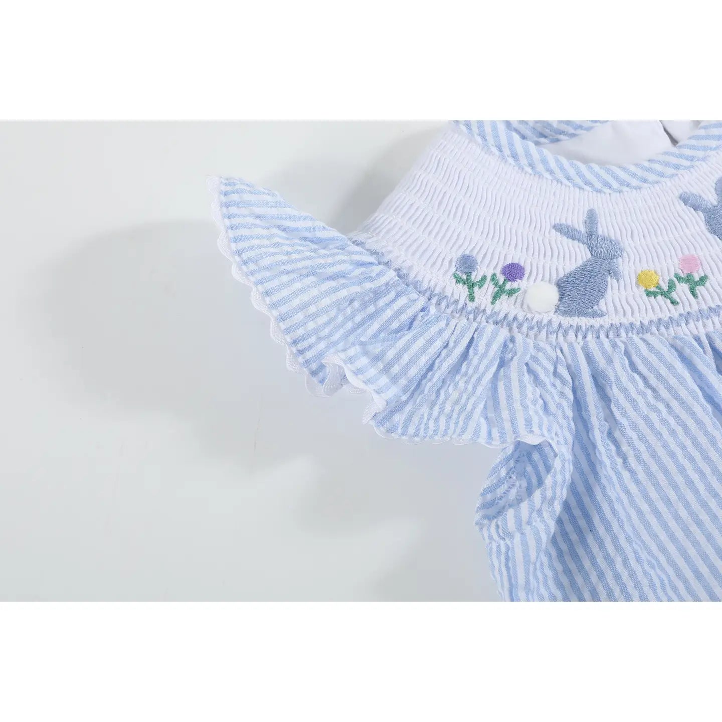 Light Blue Seersucker Easter Smocked Flutter Romper