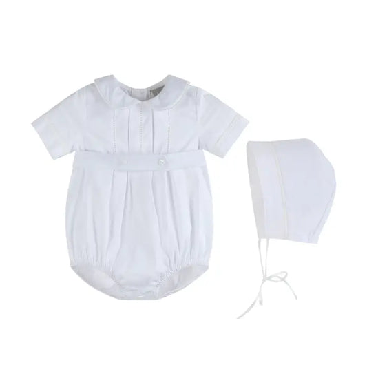 White Collared Button Romper with Bonnet