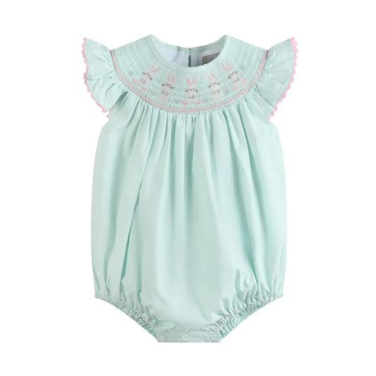 Misty Blue Bunny Smocked Bubble Romper