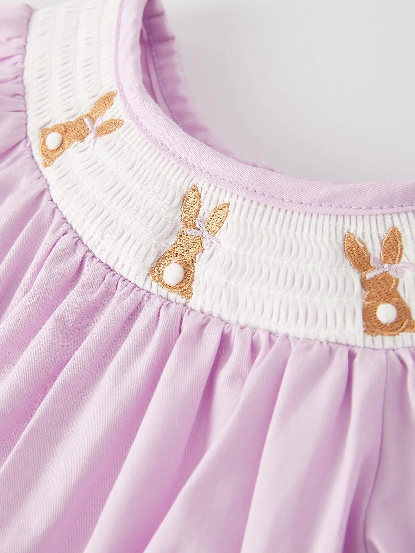 Girls Bunny Smocking Embroidered Lace Cuff Purple Romper