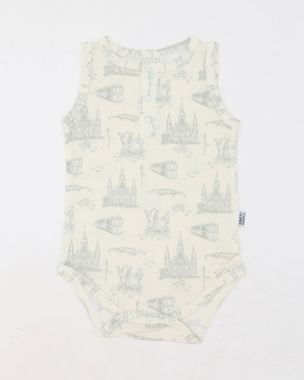 Sage Toile Bamboo Henley Onesie with Snaps