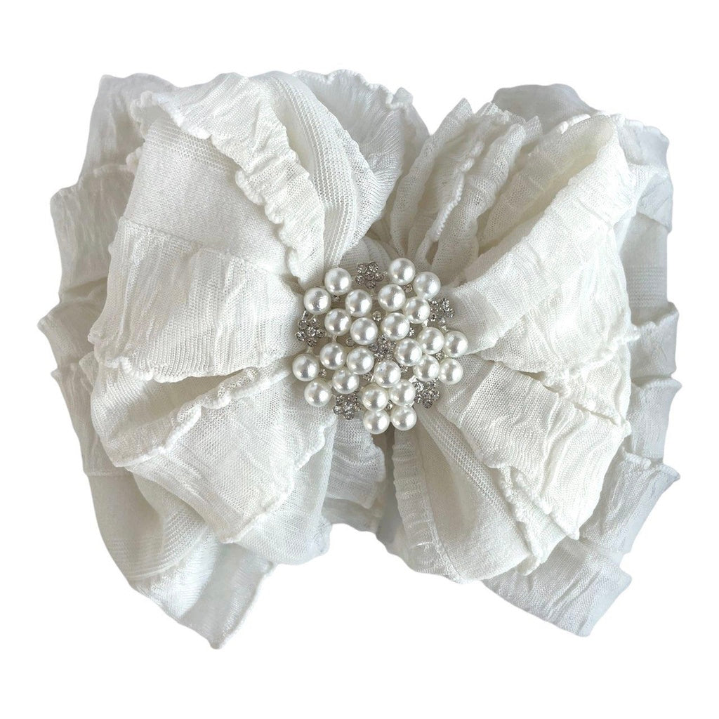 In Awe - Ruffled Headband - Off White/Pearl Rhinestone