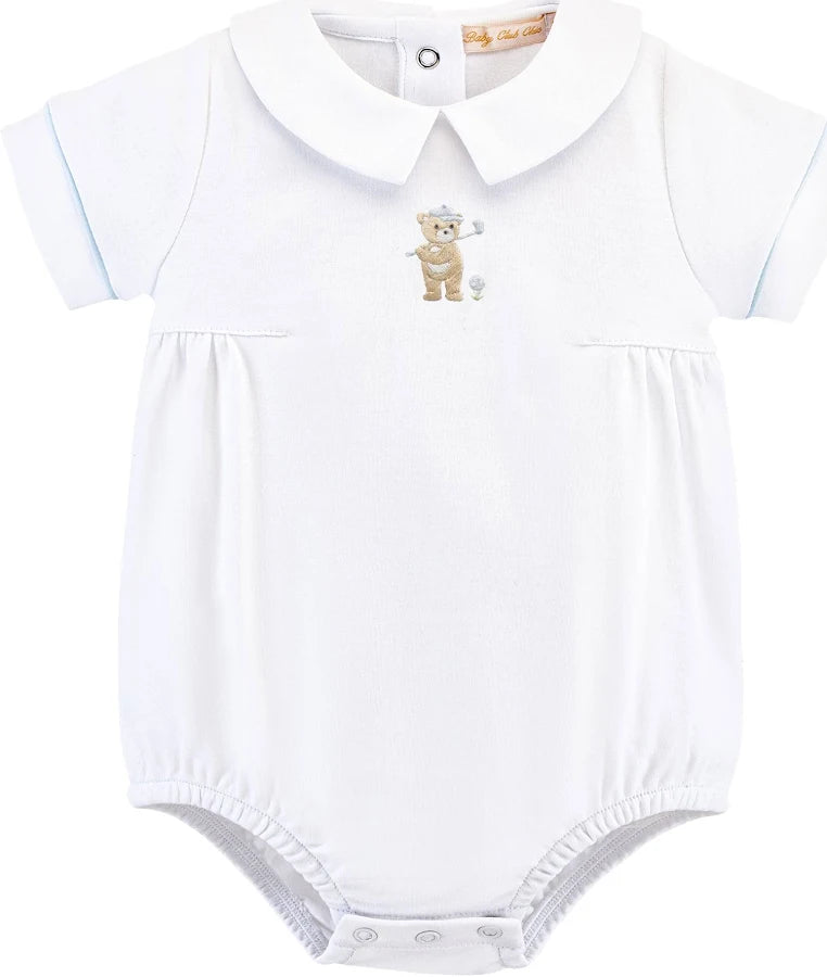 Golfing Bear-White Bubble with Blue Trim