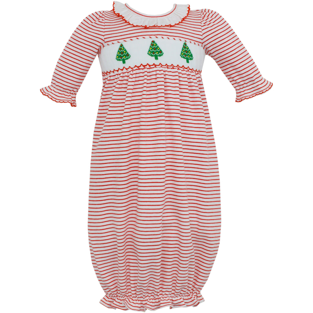 Petit Bebe - Holiday Trees Girl's Gown Red Stripe