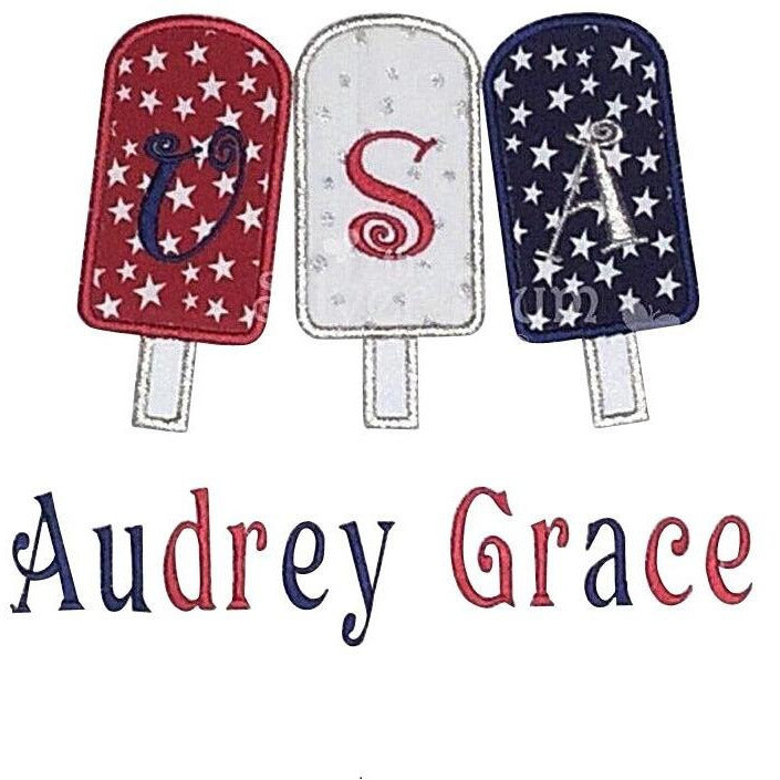 Patriotic - USA Popsicle Trio, Stars of Red, White & Blue Applique Design and Personalized Name