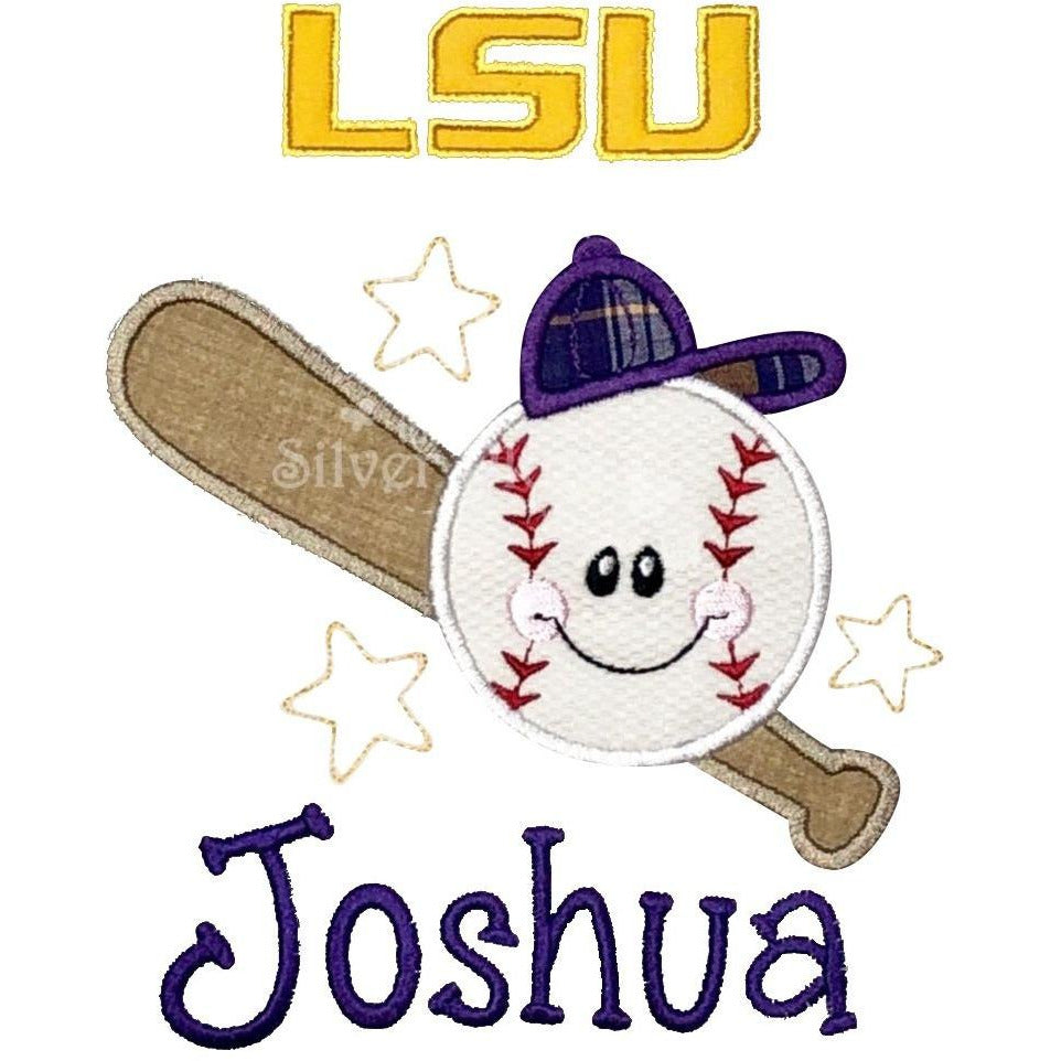 Sports - Happy Face Baseball and Bat, Stars - LSU, Applique Design and Personalized Name