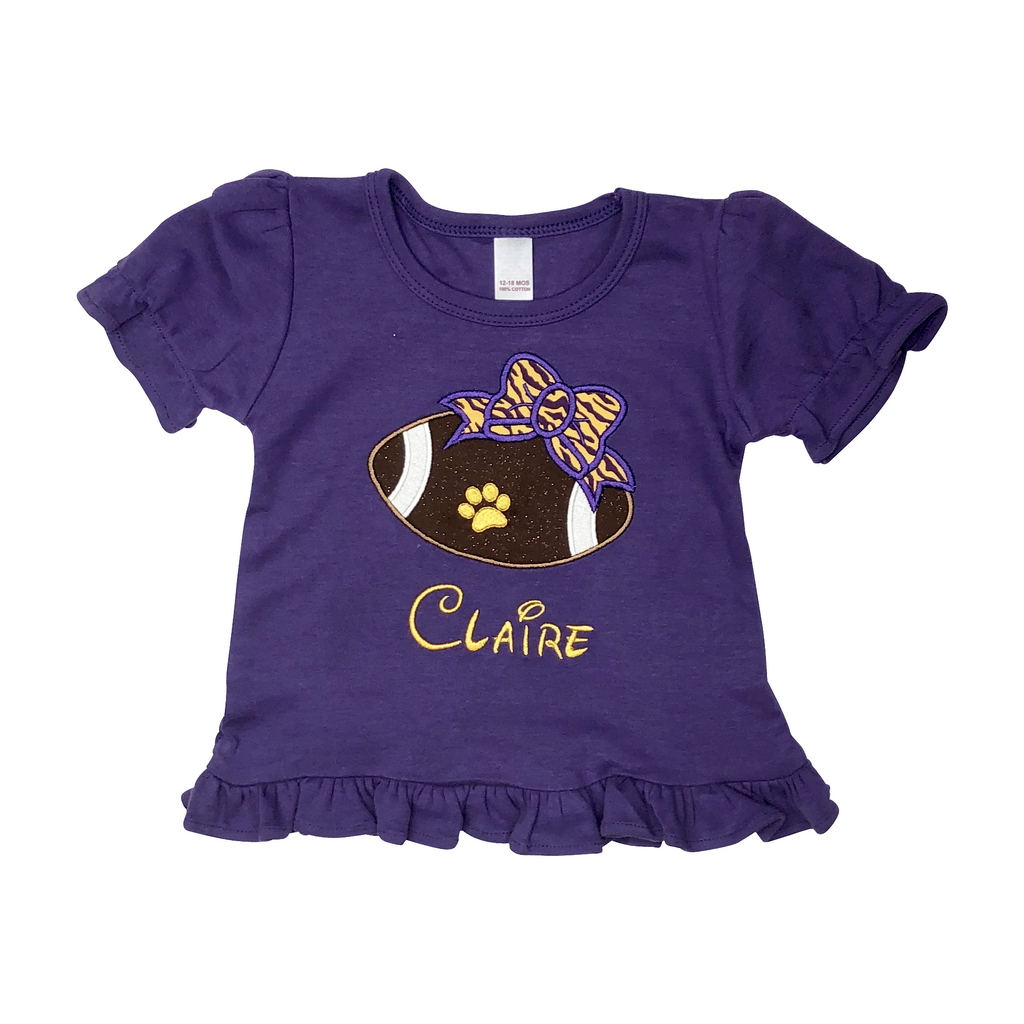 Sports - Girls Football with LSU Tiger Bow Applique Design and Personalized Name