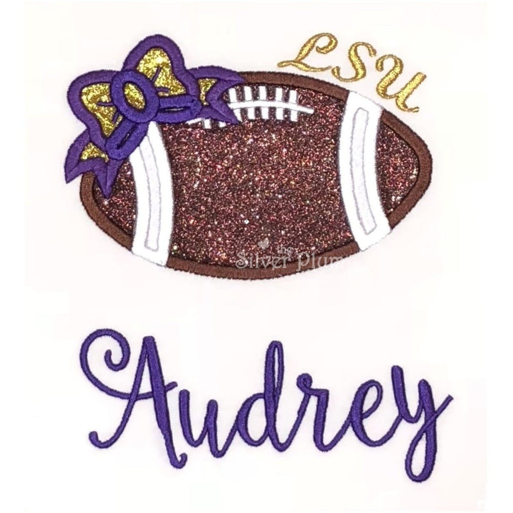 Sports - Girls LSU Football with Bow Applique Design and Personalized Name