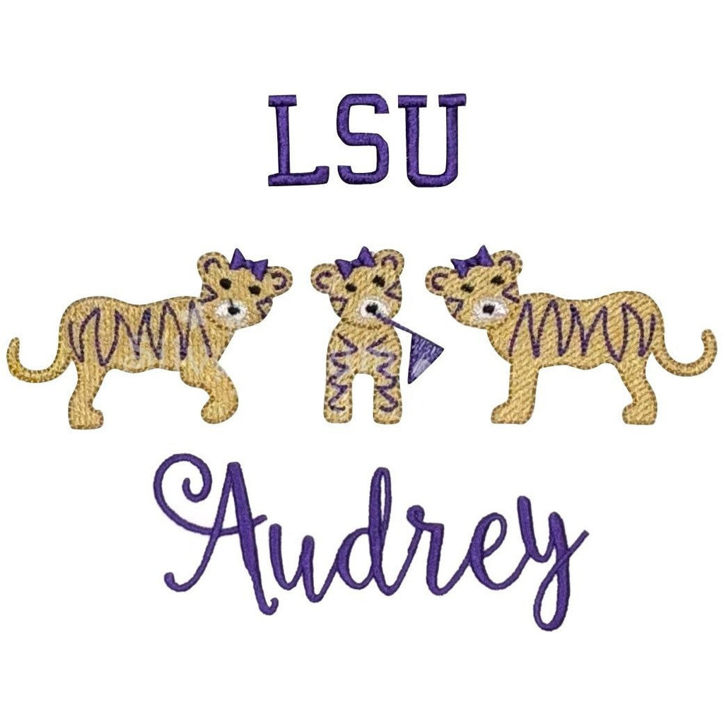 Sports - Tiger Trio Girls LSU with Bows & Flag Applique Design and Personalized Name
