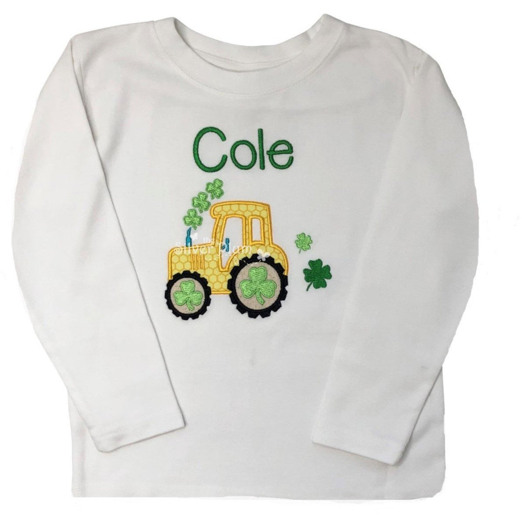 St Patricks' Day - Tractor with Green Clovers, Big Wheel Applique Design and Personalized Name