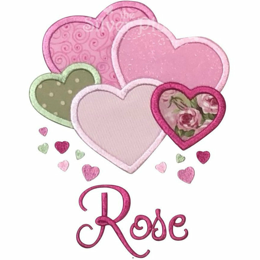 Valentine - Lots of Hearts,  Pink, Red and Fuschia Applique Design, Select Garment Style & Font