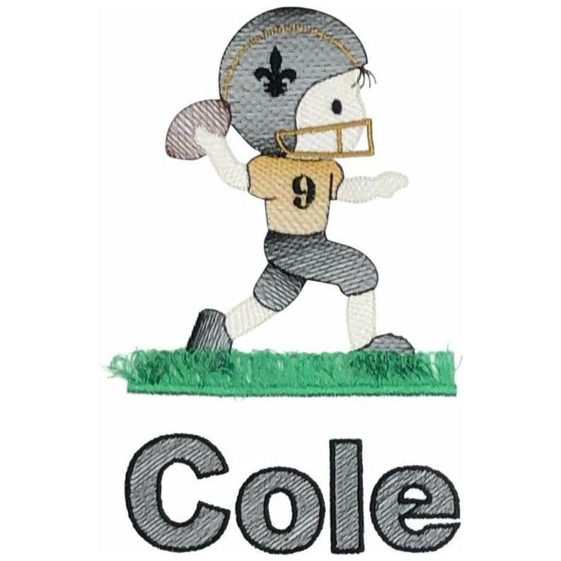 Sports - Football Player Throwing, Saints, #9, FDL, Black & Gold Sketch Embroidery Design