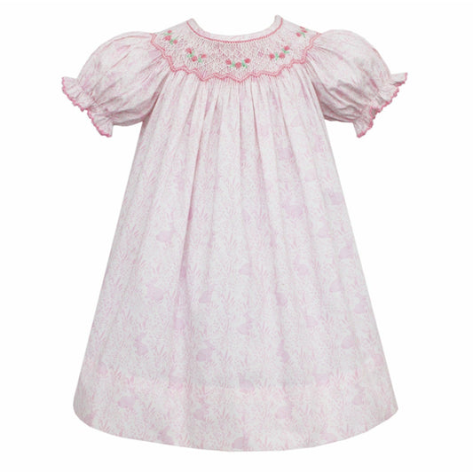 Bunny Print Bishop Smocked Dress
