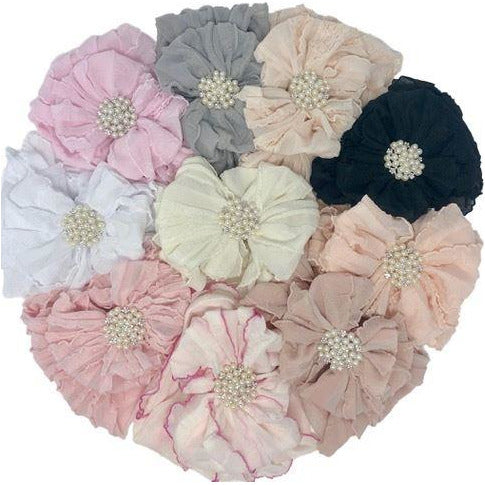 In Awe - Ruffled Headband - Light Pink  / Pearl Rhinestone Center