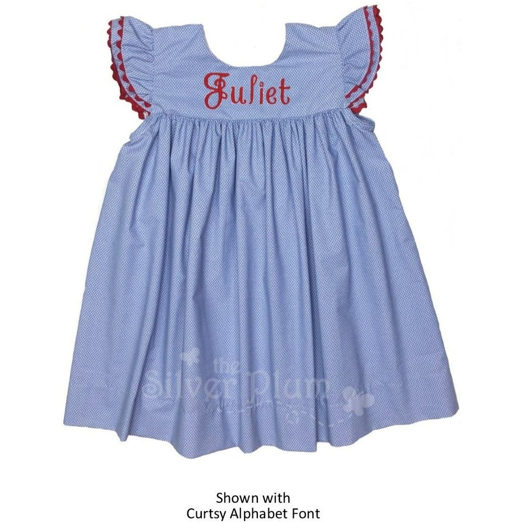 Lulu Bebe - Girls Blue Dress with Butterfly Sleeve Trimmed in Red Ric-Rac - Monogram Available