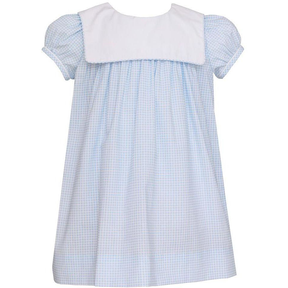Petit Bebe - Girls Blue Check Dress Sailor Collar - Monogram Available