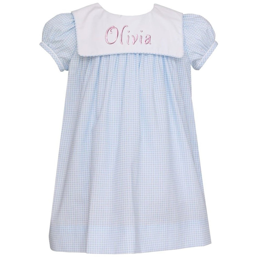 Petit Bebe - Girls Blue Check Dress Sailor Collar - Monogram Available
