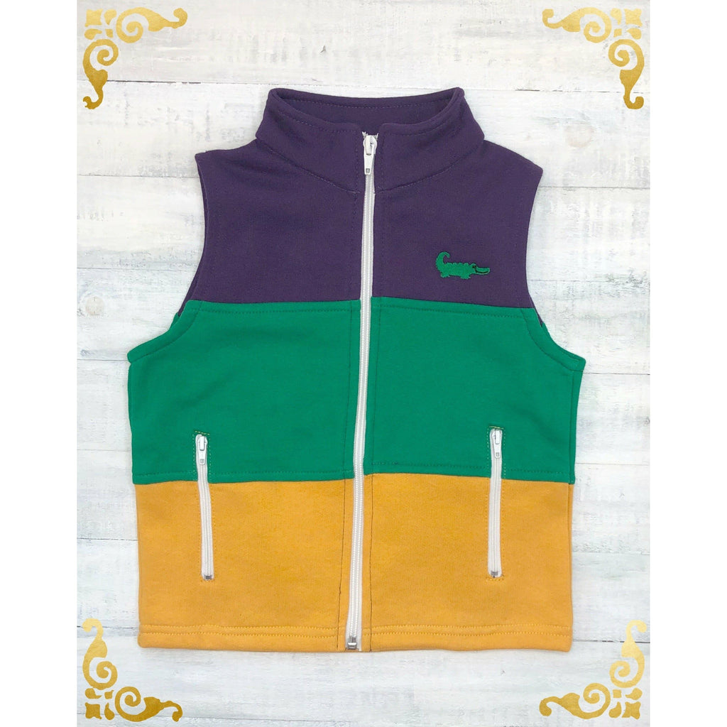 MeMe Mardi Gras Vest Purple Green Gold Stripe