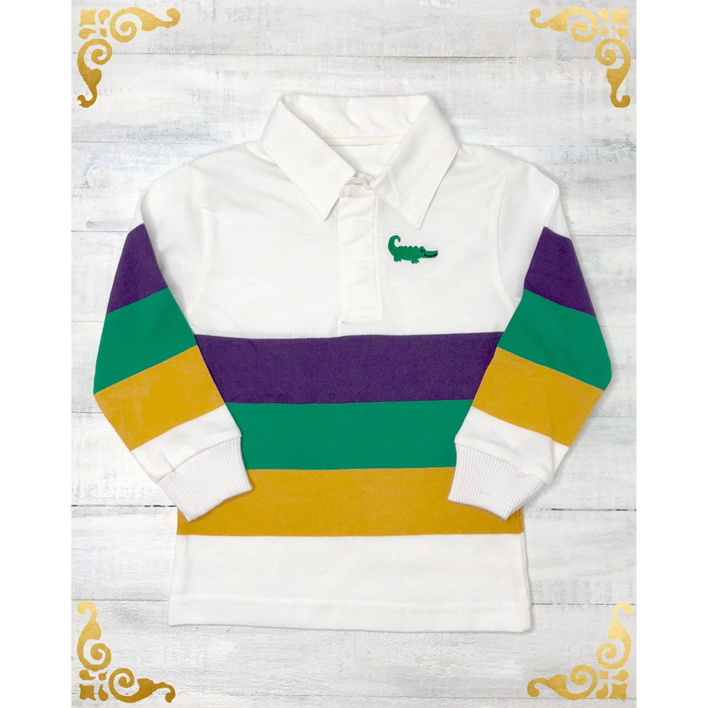 MeMe Mardi Gras Rugby Polo Stripe Shirt Purple Green Gold