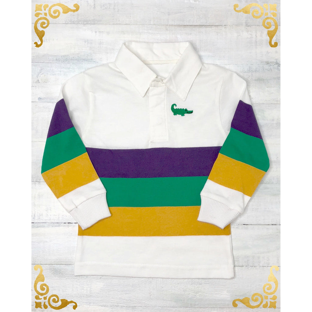 MeMe - Mardi Gras Rugby Stripe Long Sleeve Shirt, Purple, Green and Gold Broad Stripe