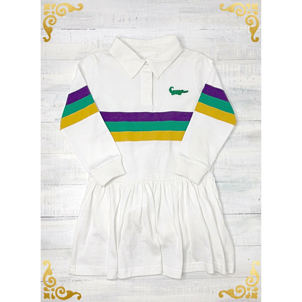 MeMe - Mardi Gras Rugby Long Sleeve Stripe Dress, Purple, Green and Gold Broad Stripe