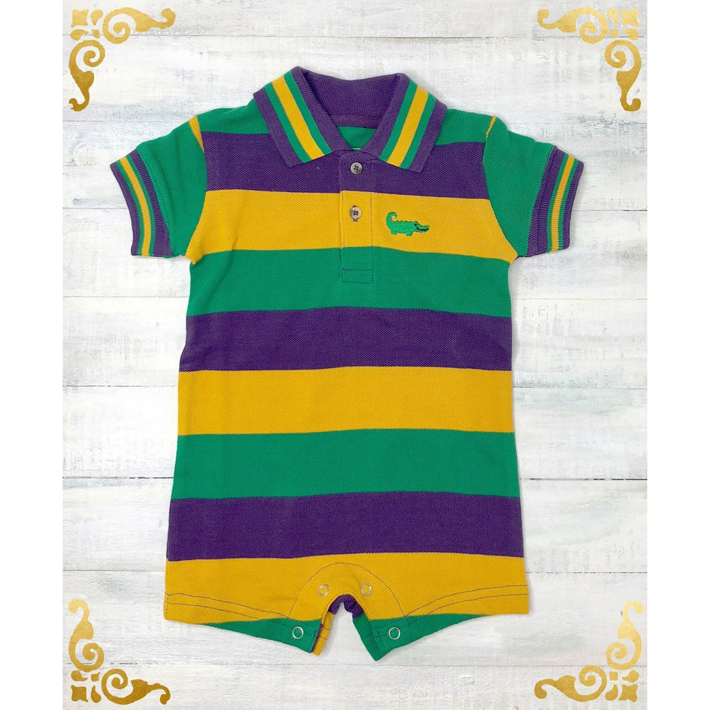 MeMe - Mardi Gras Polo Romper Stripe Short Sleeve , Purple, Green and Gold