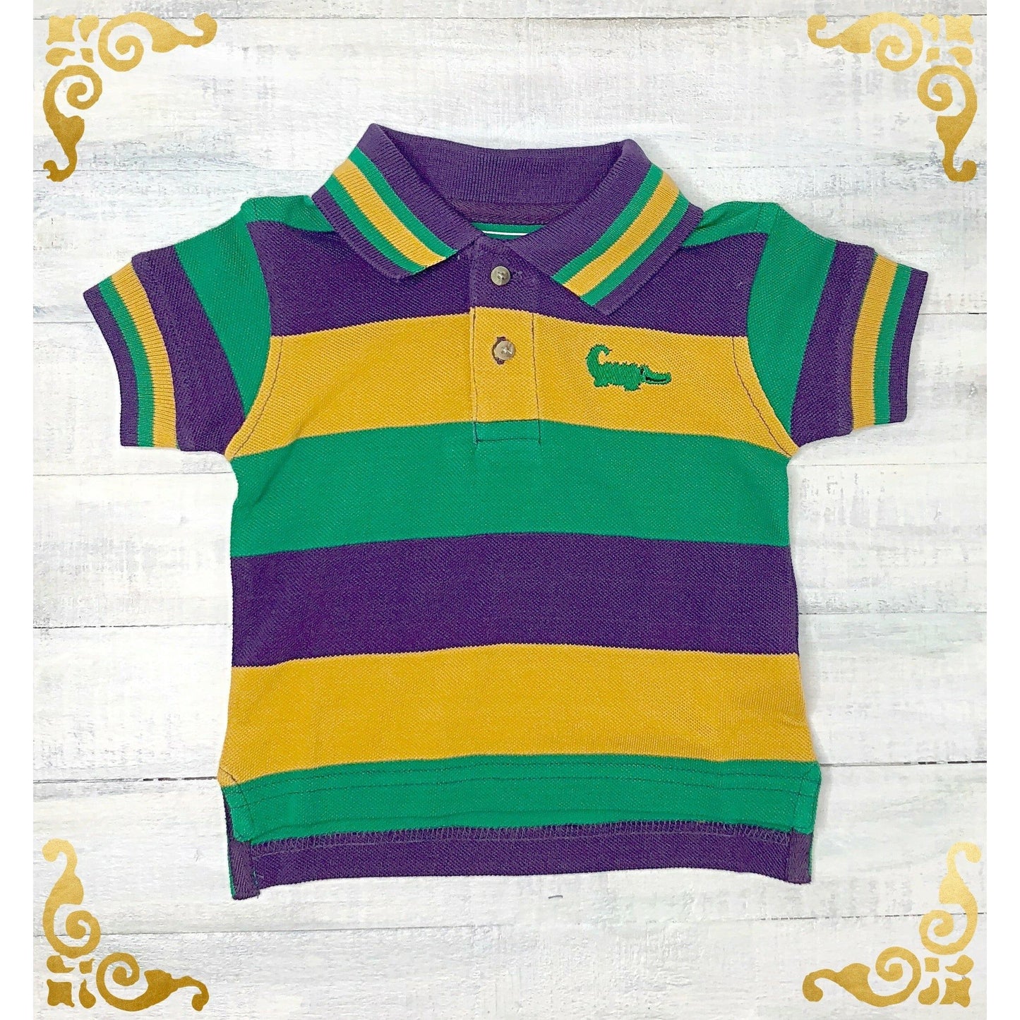 Mardi Gras Polo Shirt Purple Green Gold Stripe Short Sleeve