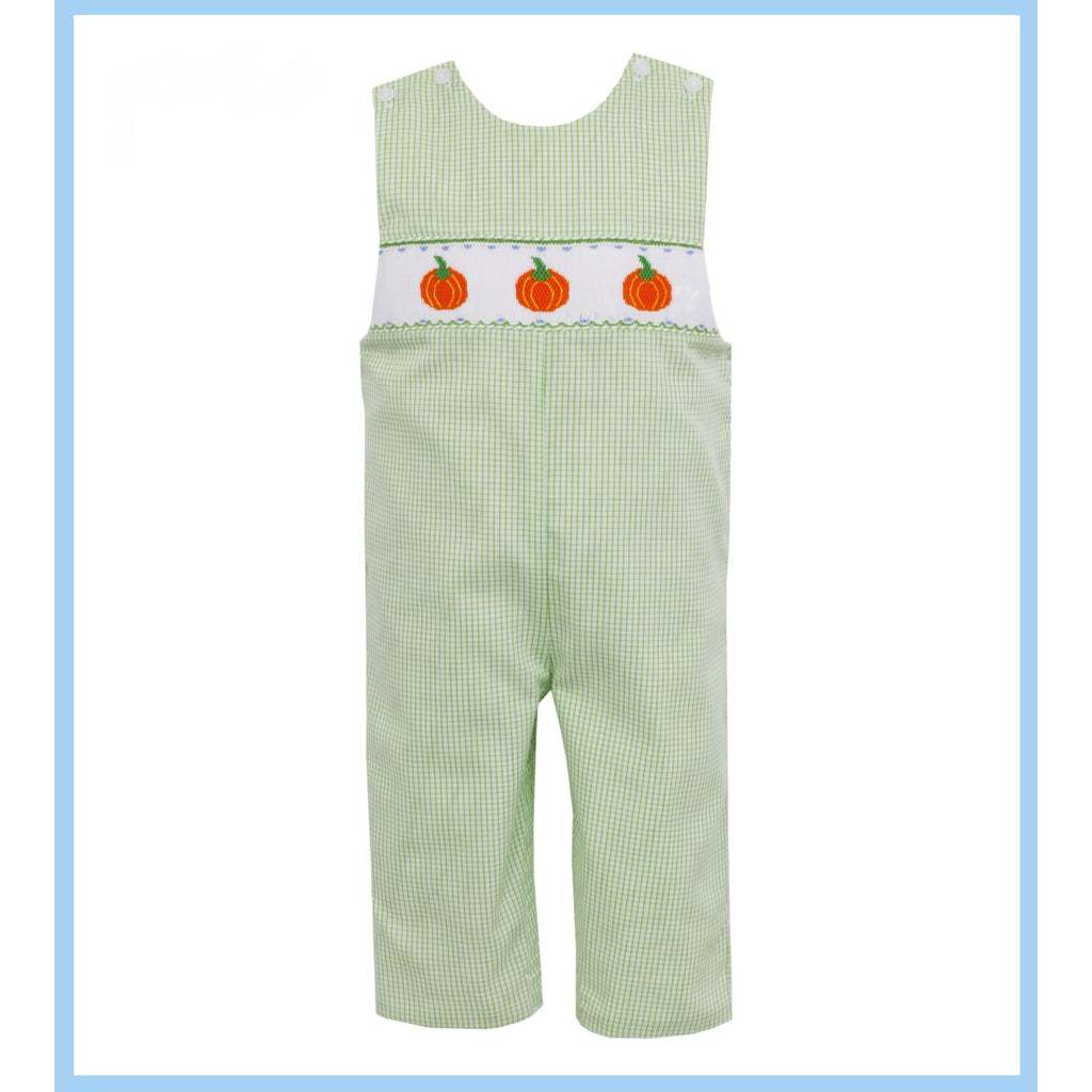 Petit Bebe - Pumpkins Smocked Long Jon Jon, Lime Green Mini Check