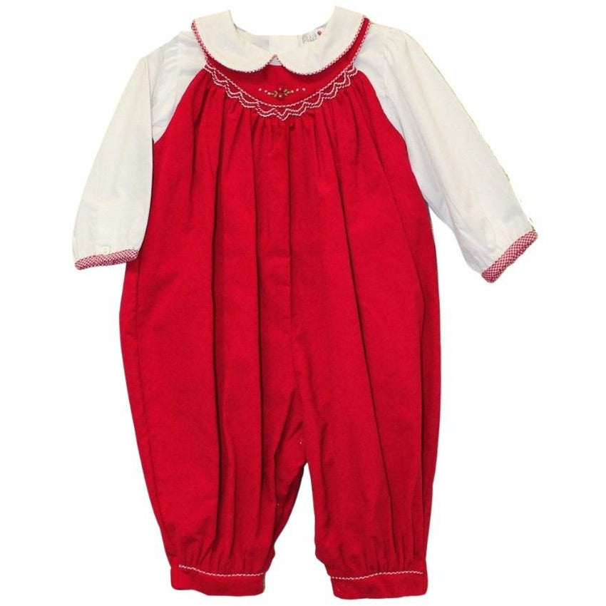 Petit Ami Girl Red Cord Smocked Long Romper
