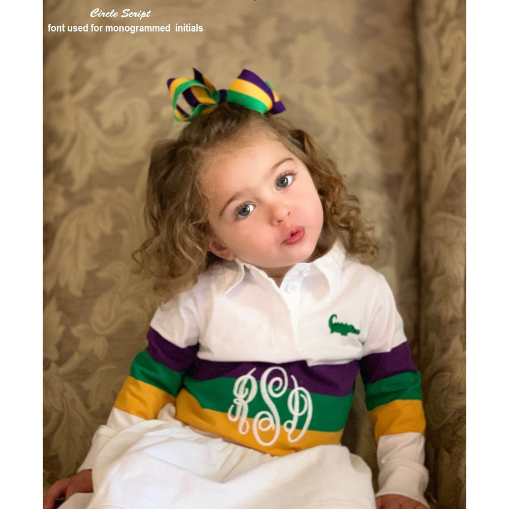 MeMe - Mardi Gras Rugby Long Sleeve Stripe Dress, Purple, Green and Gold Broad Stripe