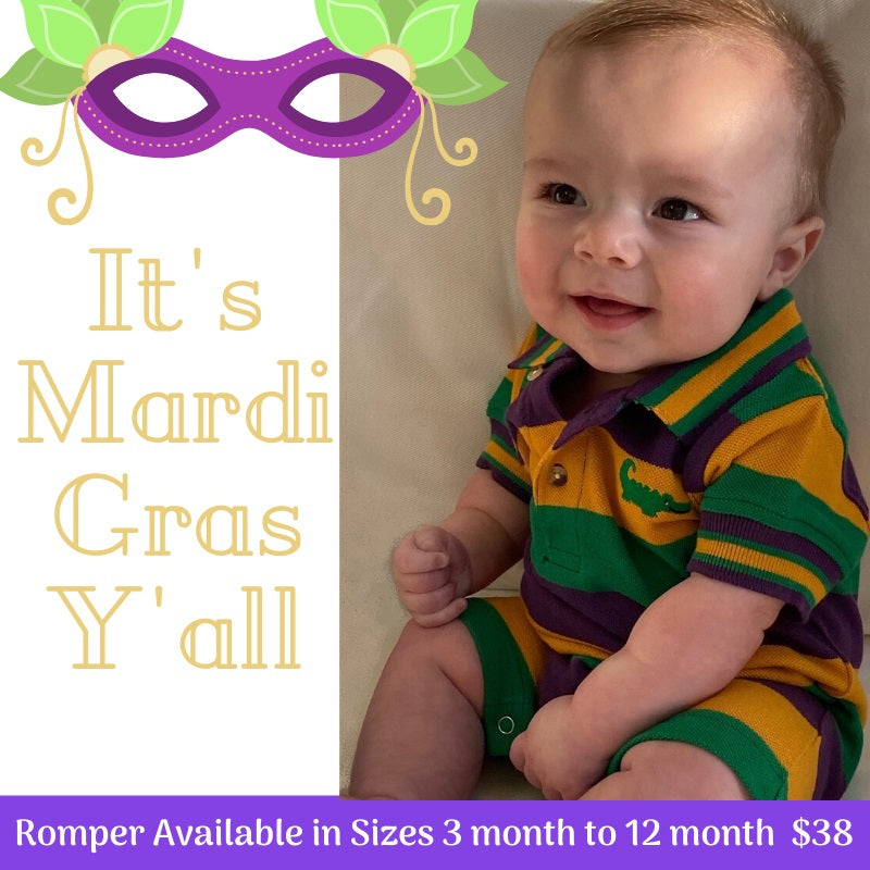 MeMe - Mardi Gras Polo Romper Stripe Short Sleeve , Purple, Green and Gold