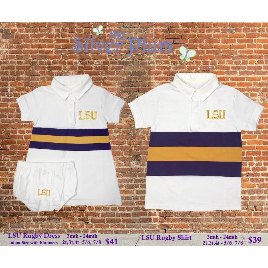 MeMe - LSU White Short Sleeve Rugby Shirt, Purple & Gold Broad Stripe