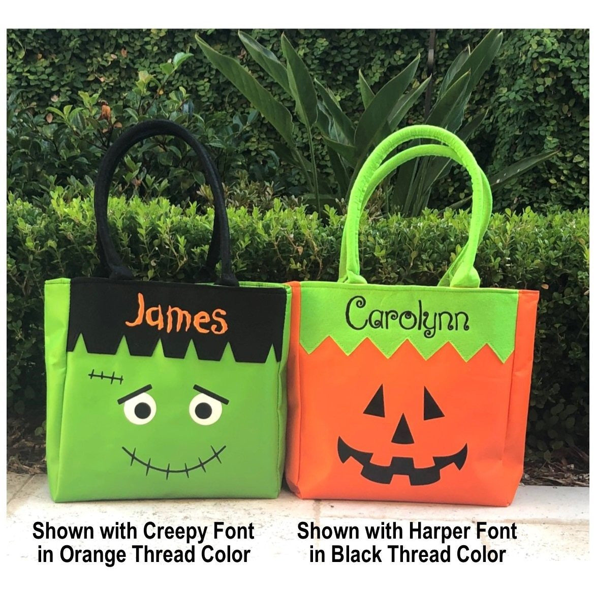 Halloween - Tote Bags, Pumpkin or Frankenstein Face, Trick or Treat, Includes Personal Monogram Name