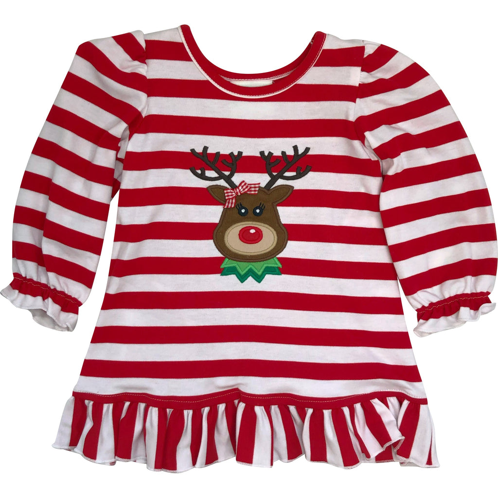 Zuccini Girls Christmas Dress Red & White Stripe Applique Reindeer Face