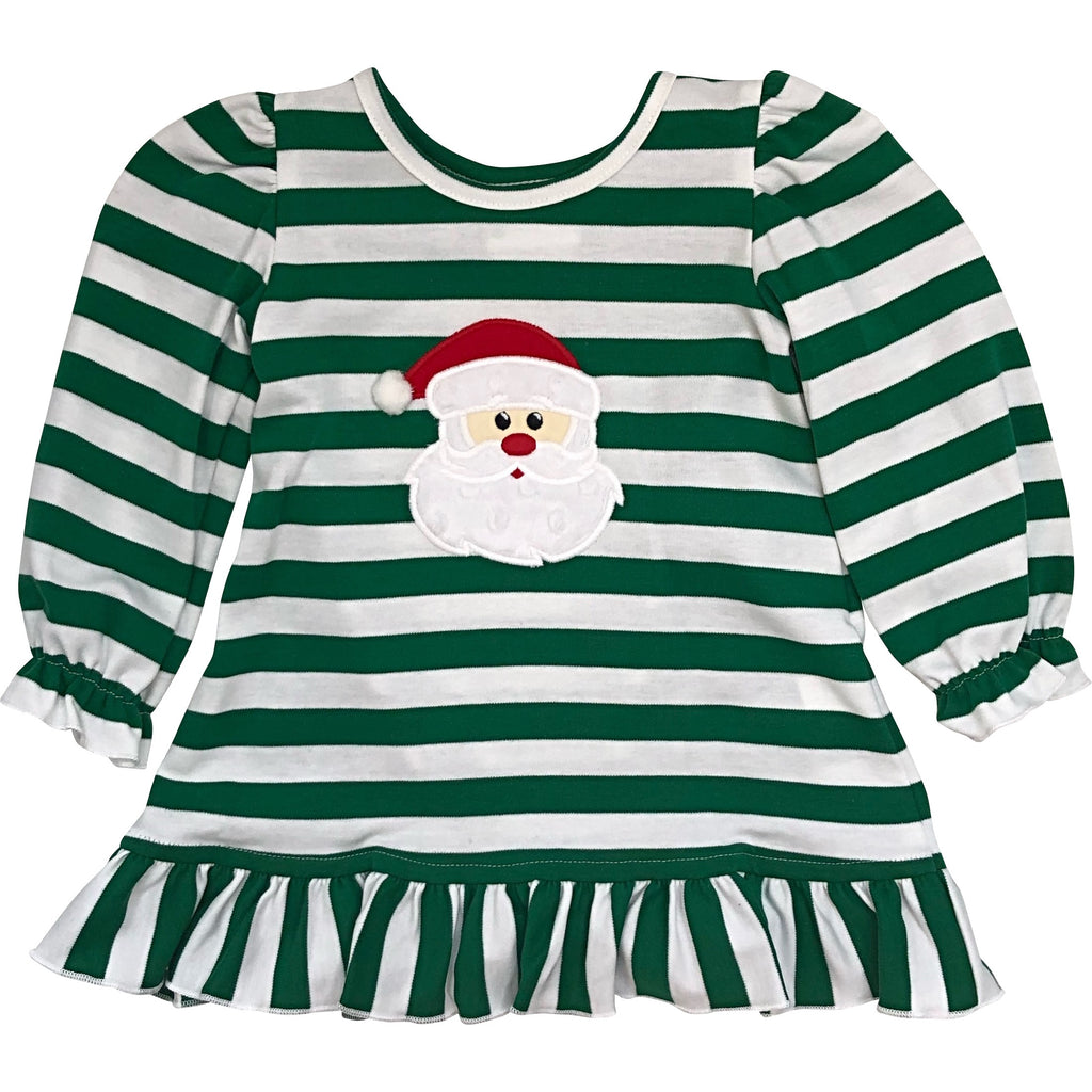 Zuccini Girls Christmas Dress Green, White Stripe Applique Santa Face