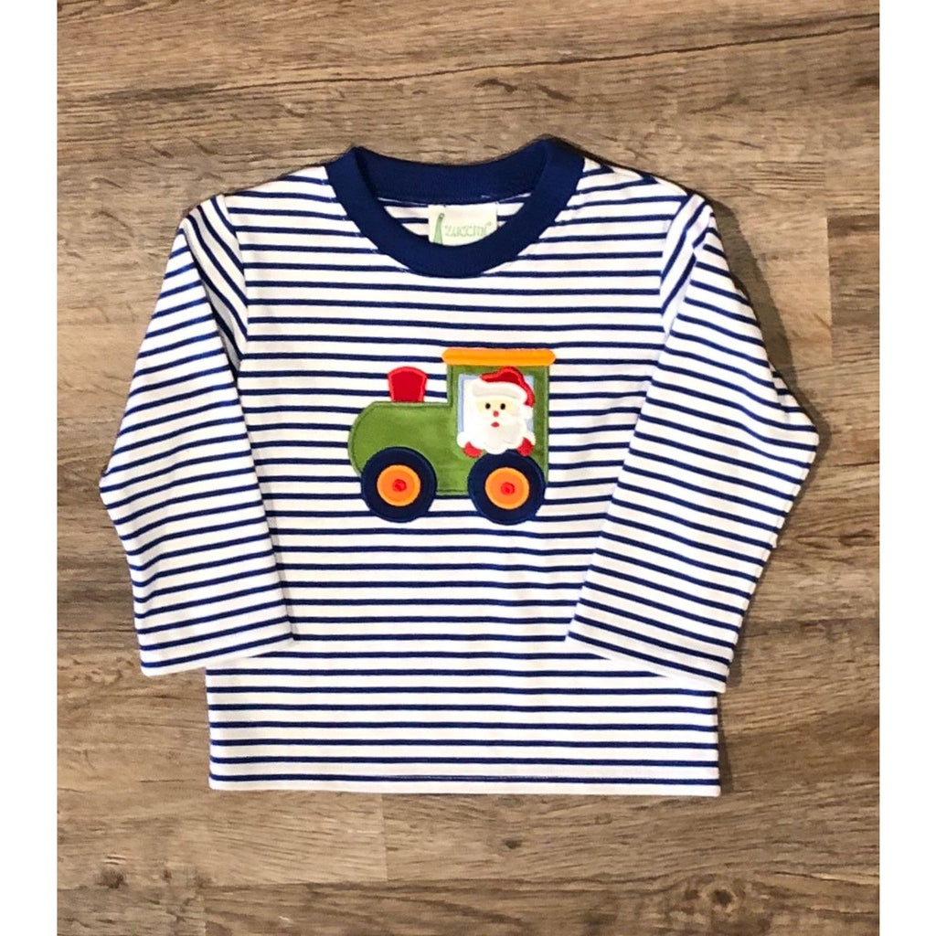 Zuccini Christmas Santa Train Royal Stripe Applique Shirt - Monogram Available