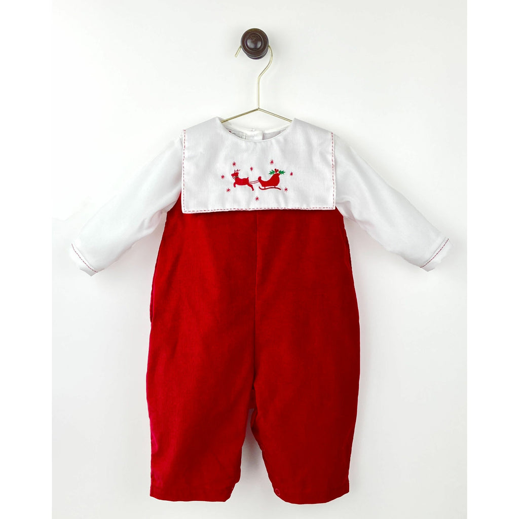 Petit Ami  Boy's Christmas Longall w/Reindeer & Sleigh Embroidery