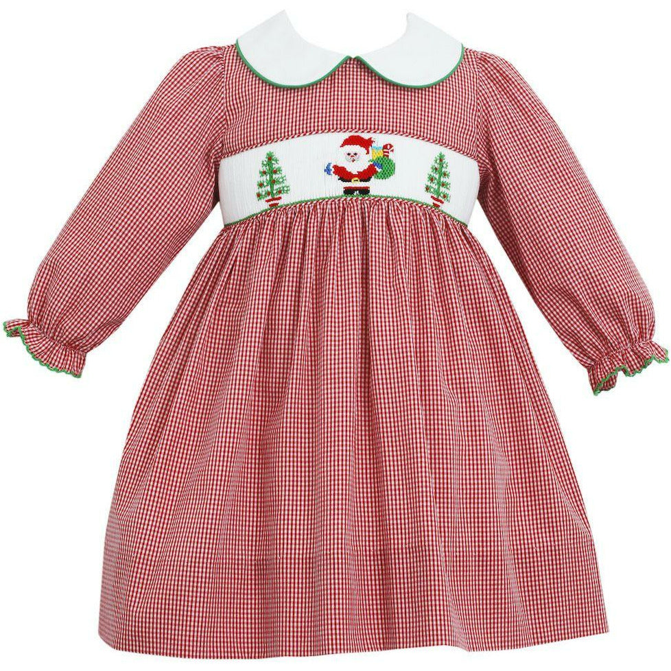 Petit Bebe Santa Tree Smocked Float Dress Red Long Sleeve