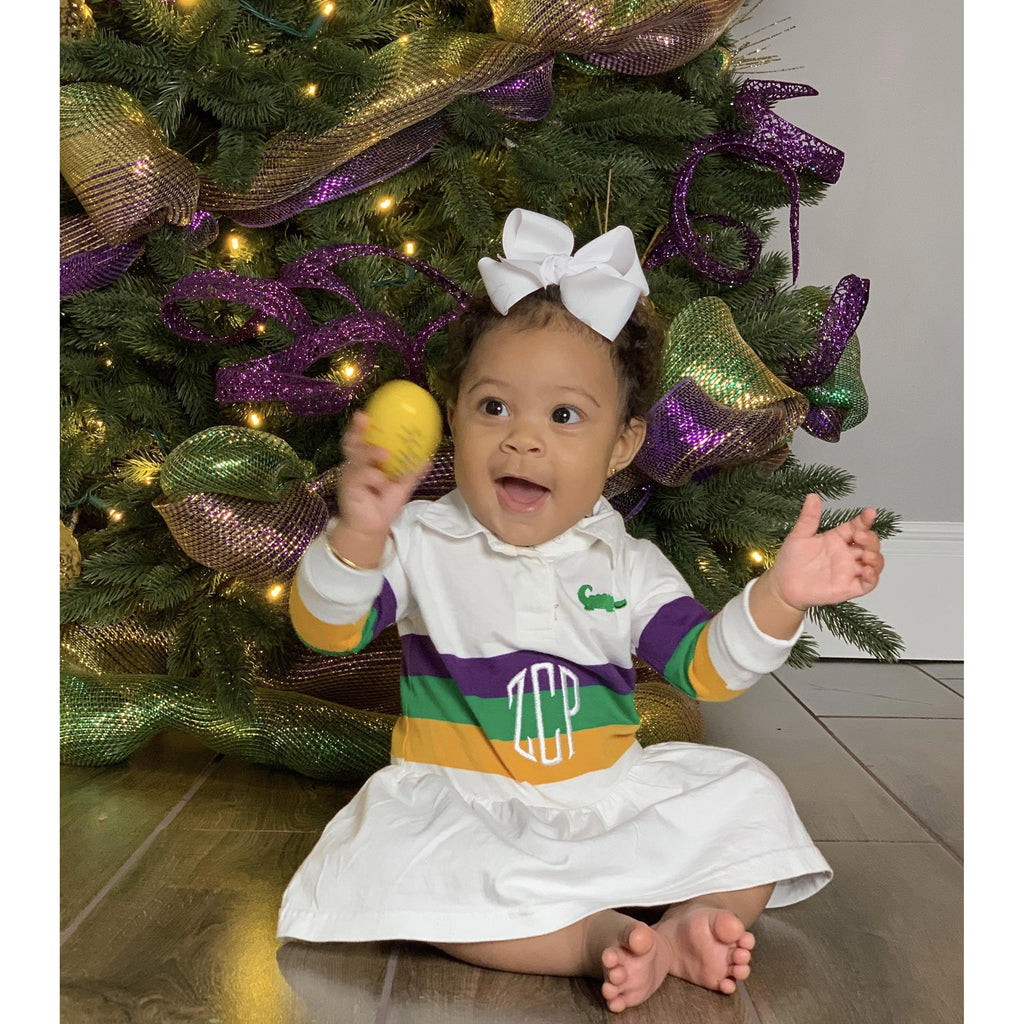 MeMe - Mardi Gras Rugby Long Sleeve Stripe Dress, Purple, Green and Gold Broad Stripe
