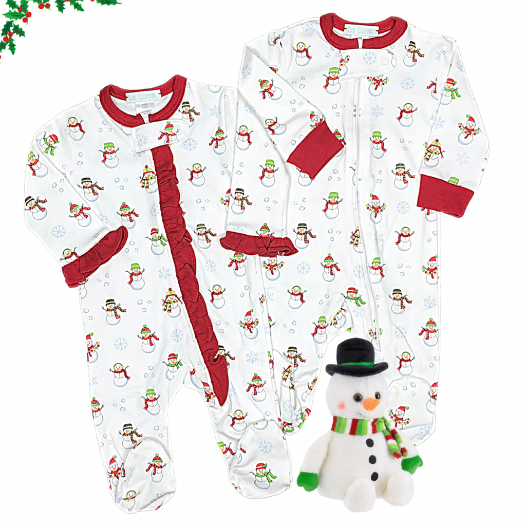 Lulu Bebe Christmas Girls Snowman Print Zipper Footie