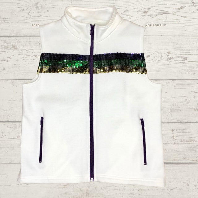 MeMe - Mardi Gras Vest, Sequin Purple, Green & Gold Stripe